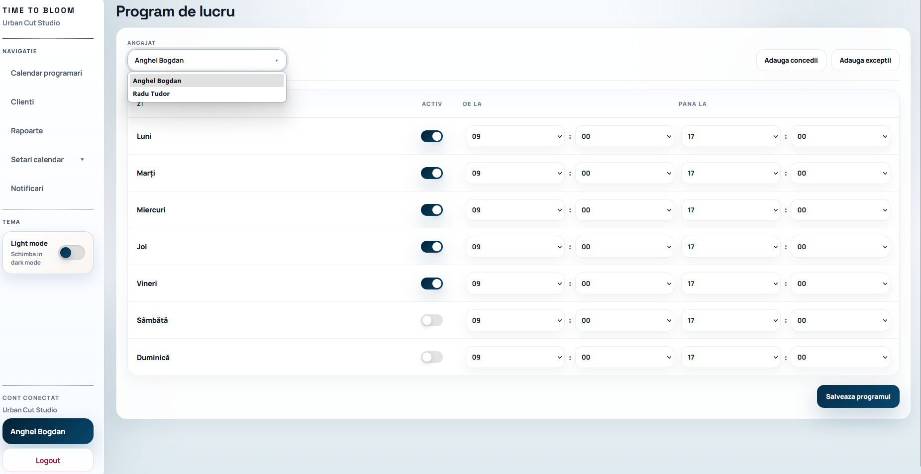 Dashboard pentru echipa Time to Bloom